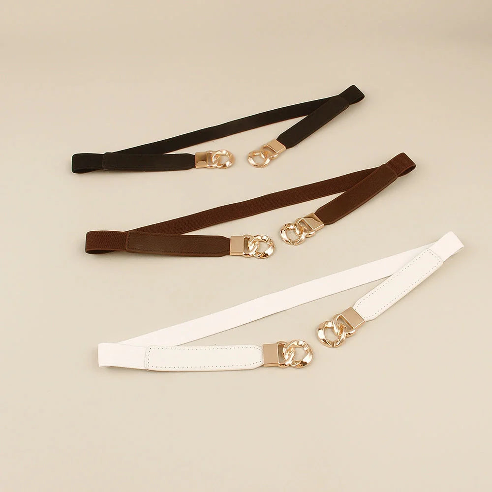 Women's fine leather waistband belt with multi-ring buckle in black, brown, and white
