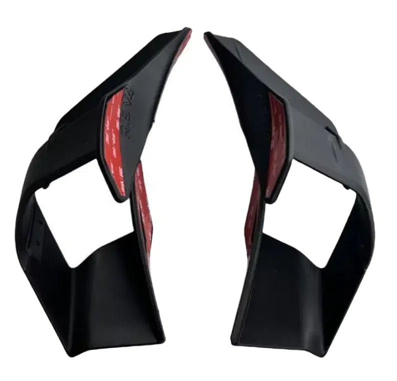 Motorcycle bodywork small wing side wing spoiler in bright black finish on a fairing