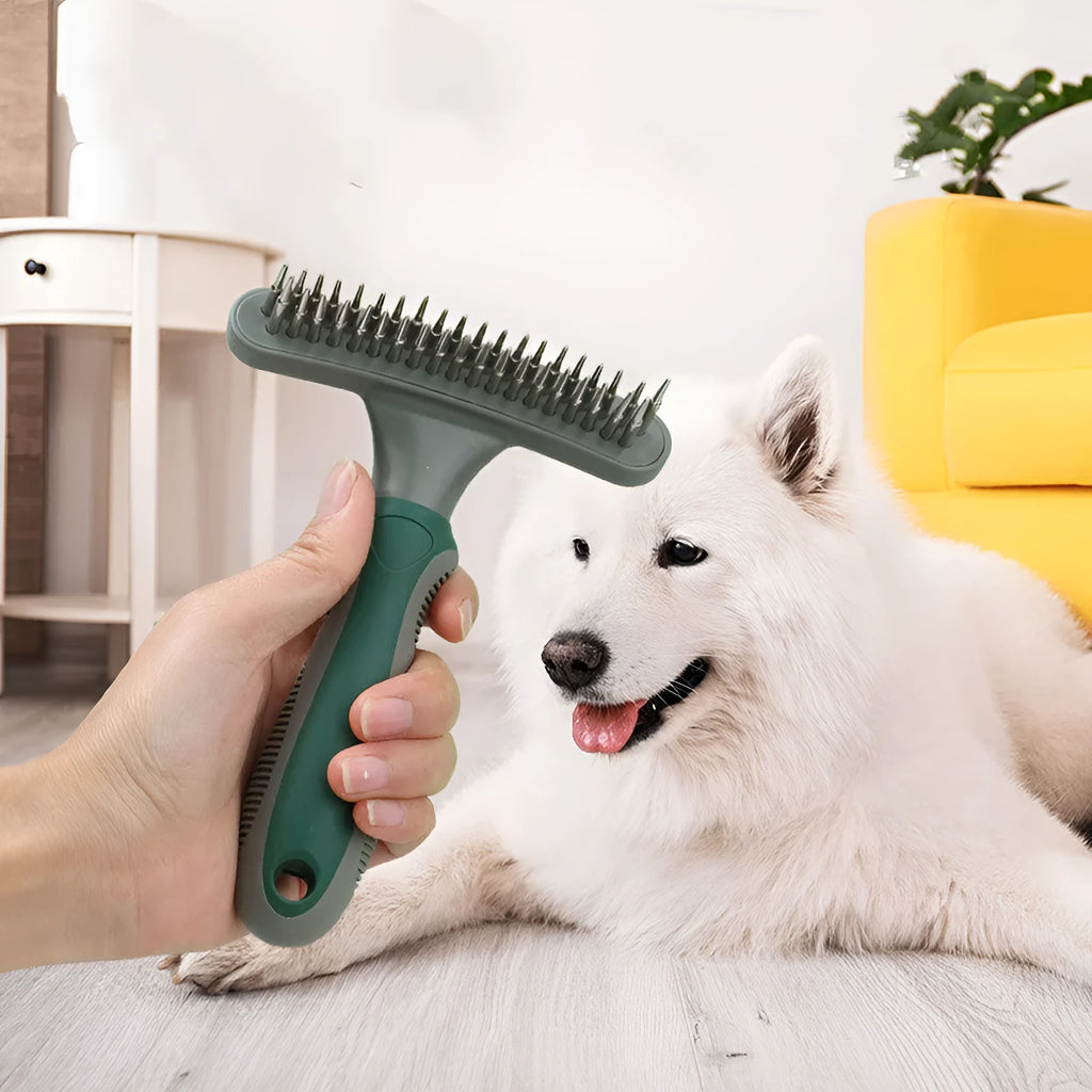 Pet double row comb brush in blue plastic on white background
