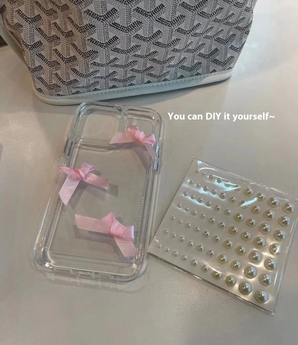Pink transparent TPU phone case with three-dimensional pearl bow for iPhone 13 Pro Max