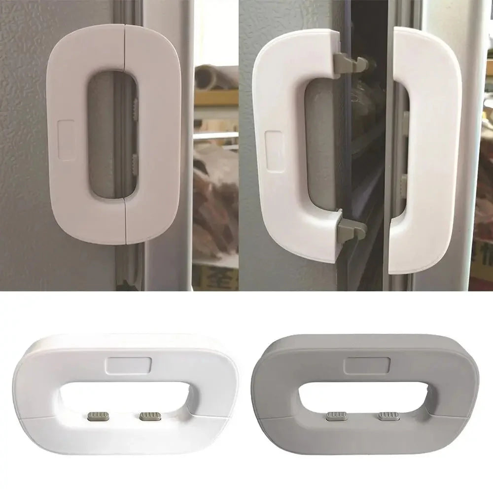 Refrigerator safety lock for toddlers in white and grey with bayonet design