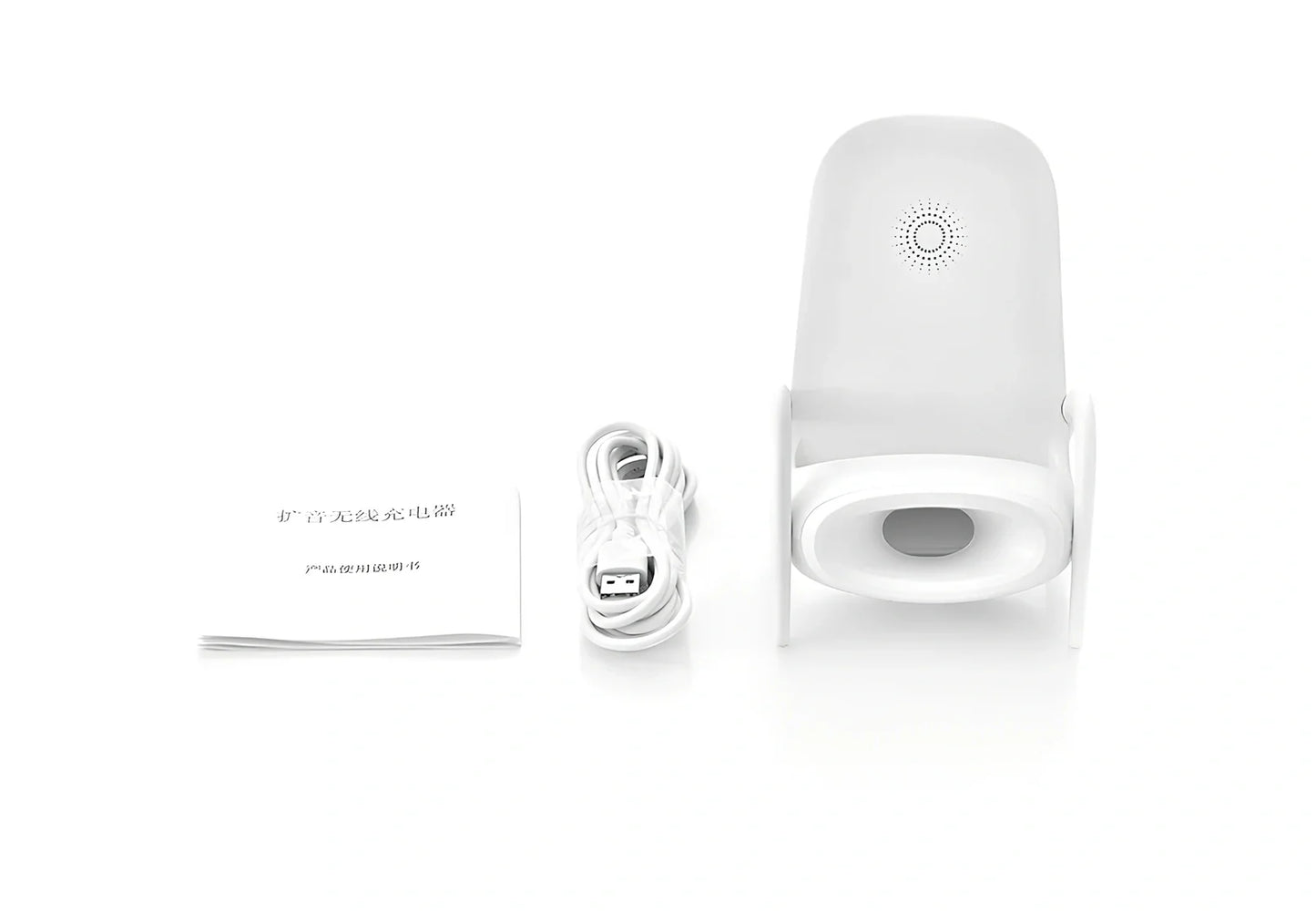 Black amplified wireless charger with bracket, 9.8 x 9.8 x 14.2 cm, for phone charging and audio boost