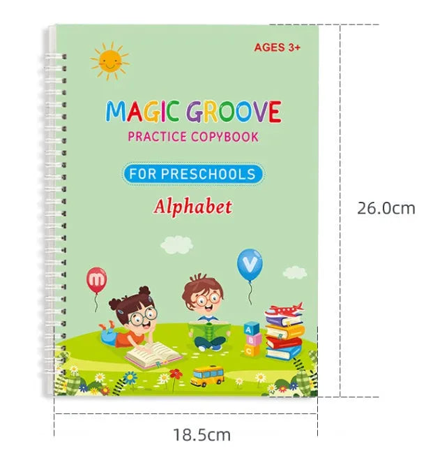 English children's groove magic practice copybook with notched post design and included pen