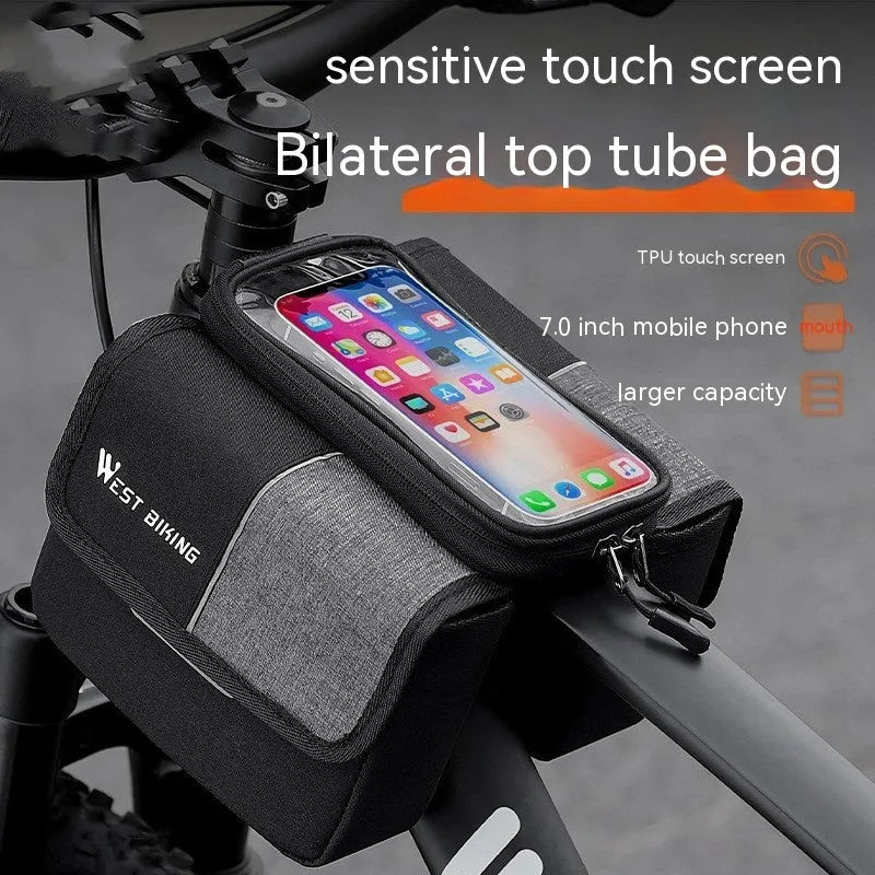 Black and grey Oxford cloth bilateral tube bicycle saddle bag showing 2-litre capacity.