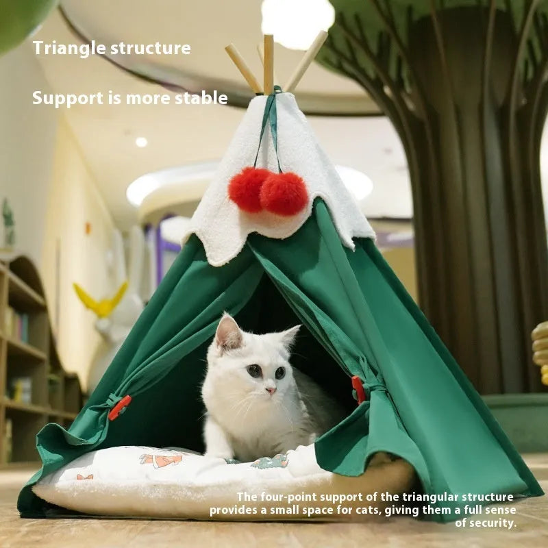 A semi-closed cloth cat house with a thickened bed, shown in brown and white mat colour options.