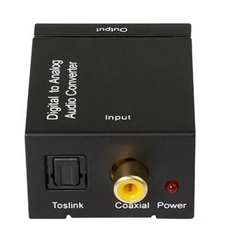 Black digital to analogue audio converter with Toslink and RCA inputs for optical and coaxial signal conversion