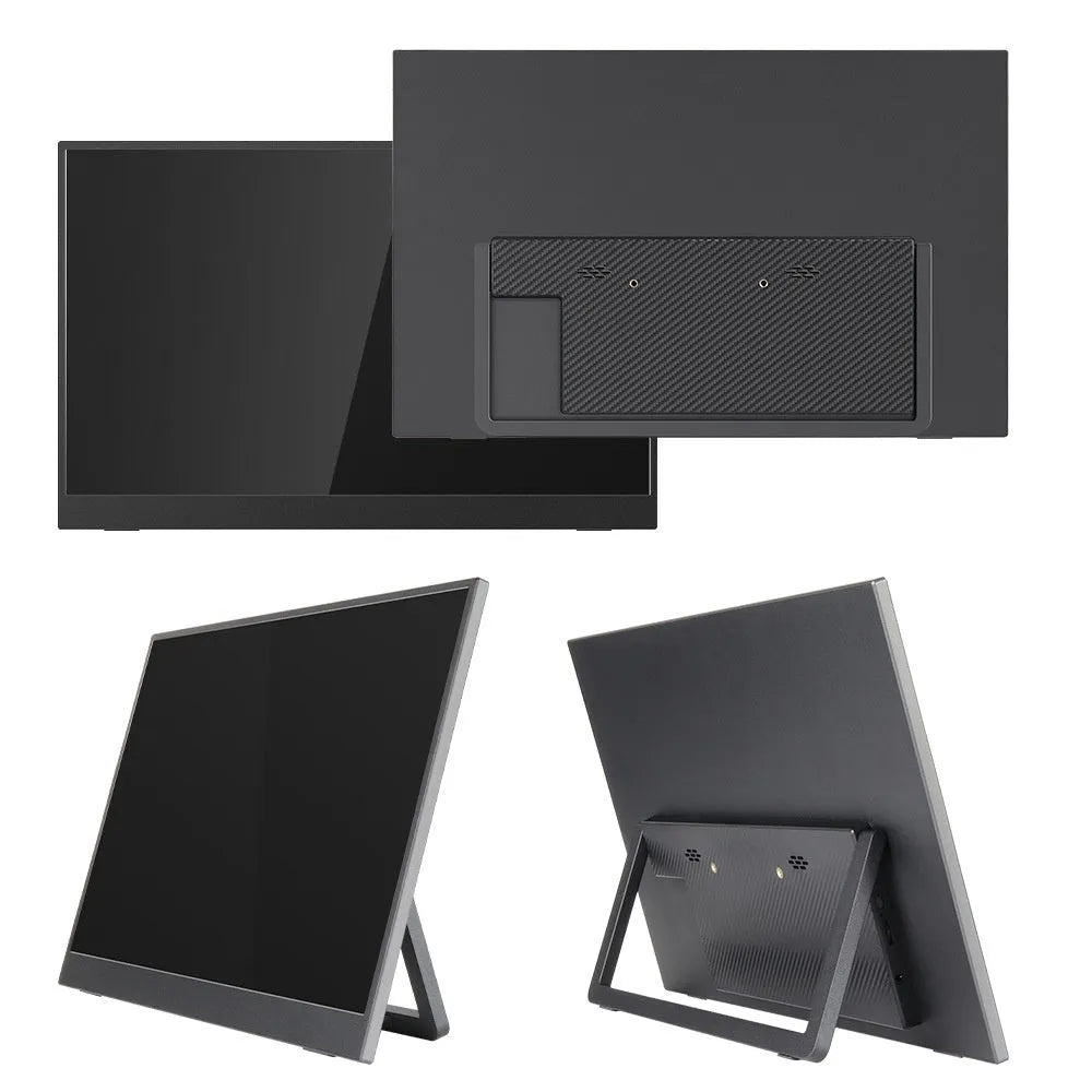 Black 15.6-inch portable computer monitor on an adjustable stand, showing a desktop screen.
