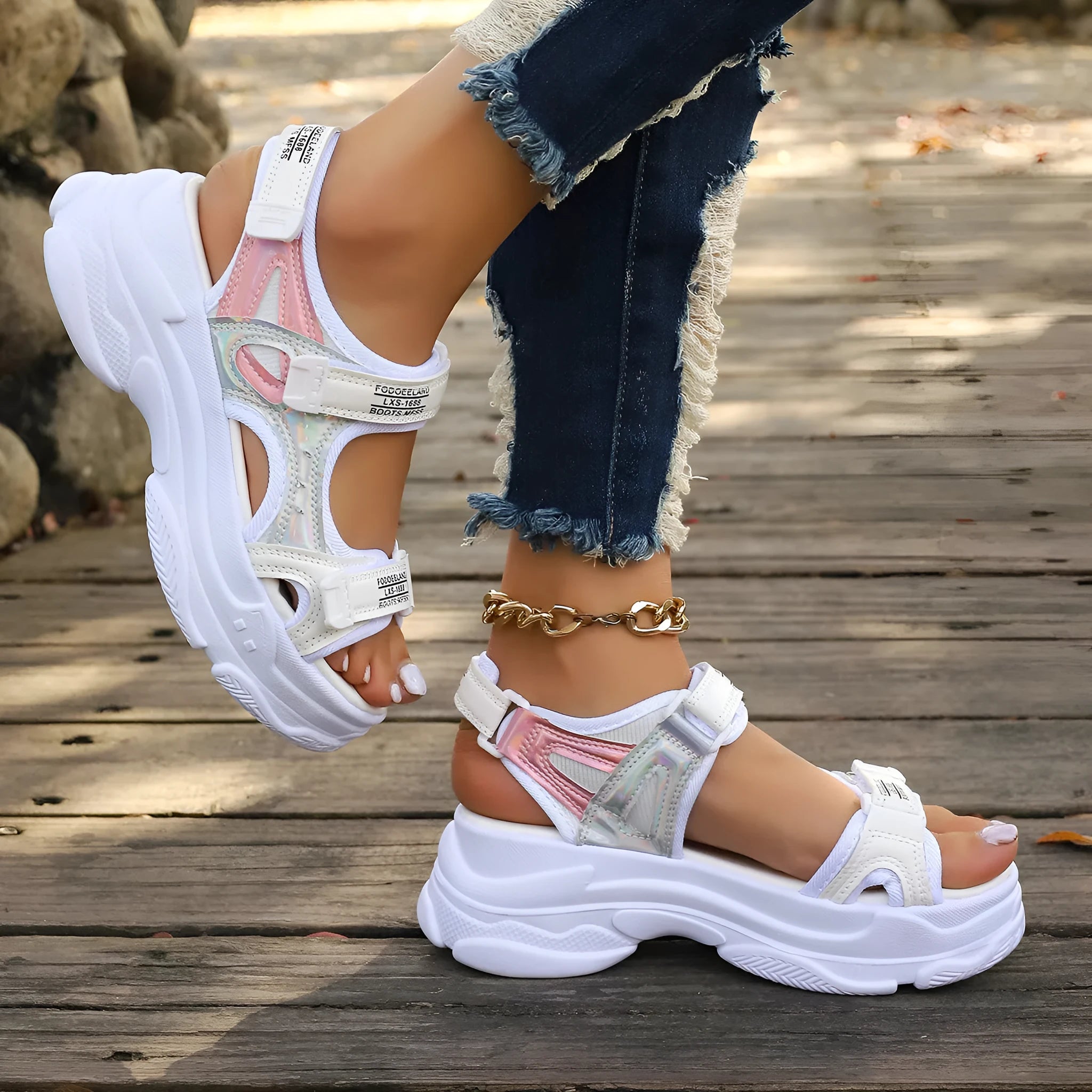 Women's white PU Roman platform sandals with multiple straps and rubber sole