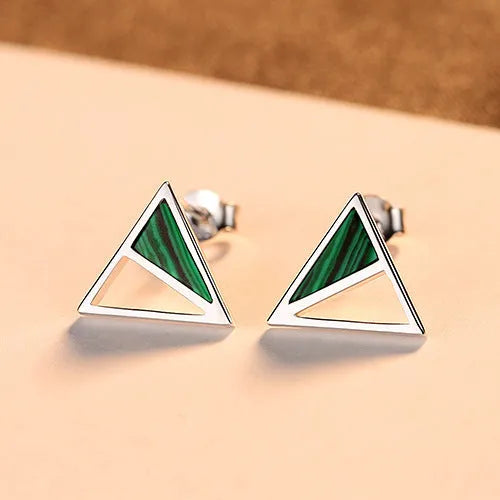 Geometric malachite stud earrings in silver with green colour, Korean style, pure silver inlay
