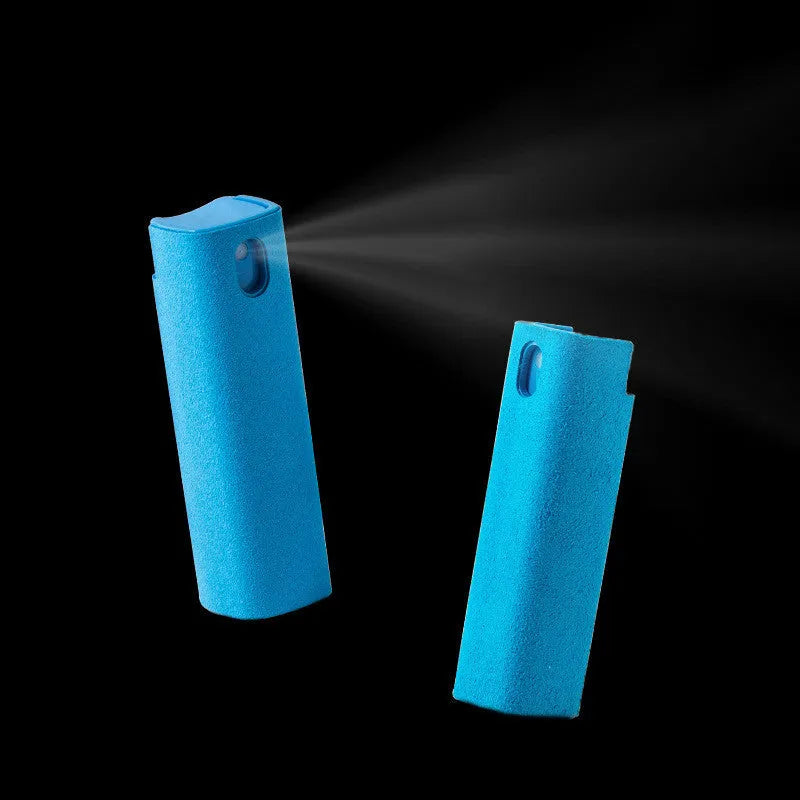 Blue LCD screen cleaner spray bottle 10ml with white cap next to a microfiber cloth