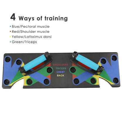 Black 9-in-1 Push-Up Rack Edge with colour-coded plates and silicone handles for upper body training, 60 x 18.5 x 2 cm size