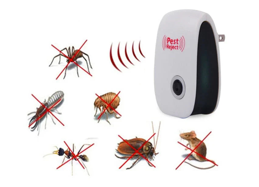 Electronic ultrasonic pest repeller for home use, measuring 90x56x50mm