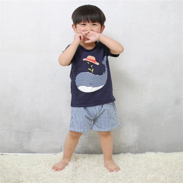 Cotton cartoon T-shirt and pants set for infants, available in various playful designs and sizes from 73cm to 110cm