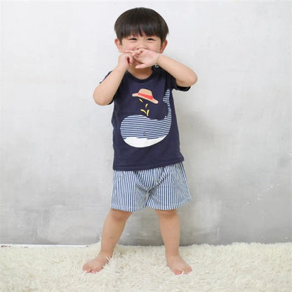 Cotton cartoon T-shirt and pants set for infants, available in various playful designs and sizes from 73cm to 110cm