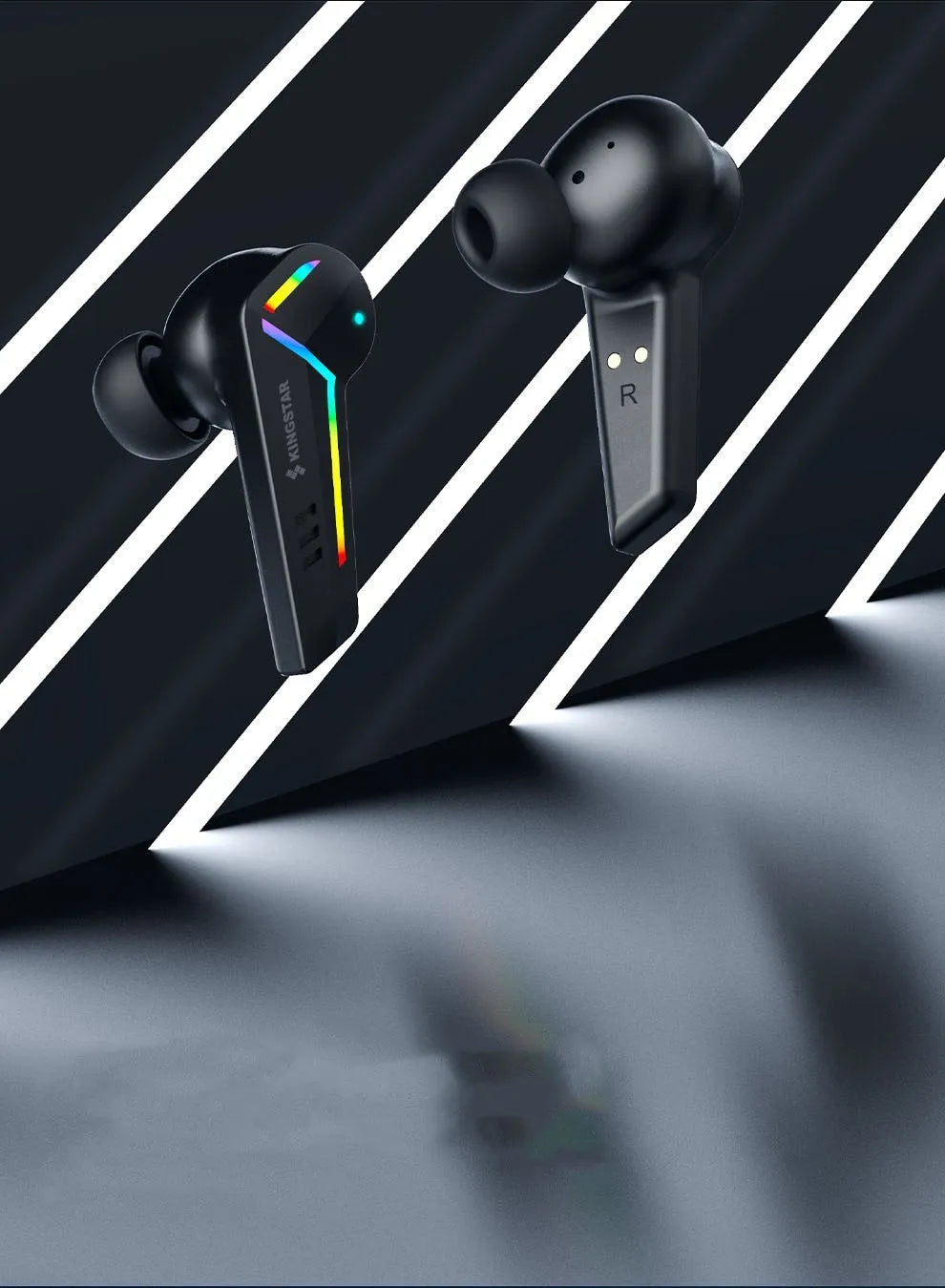 Black wireless TWS Bluetooth sports headset with low-latency gaming audio.
