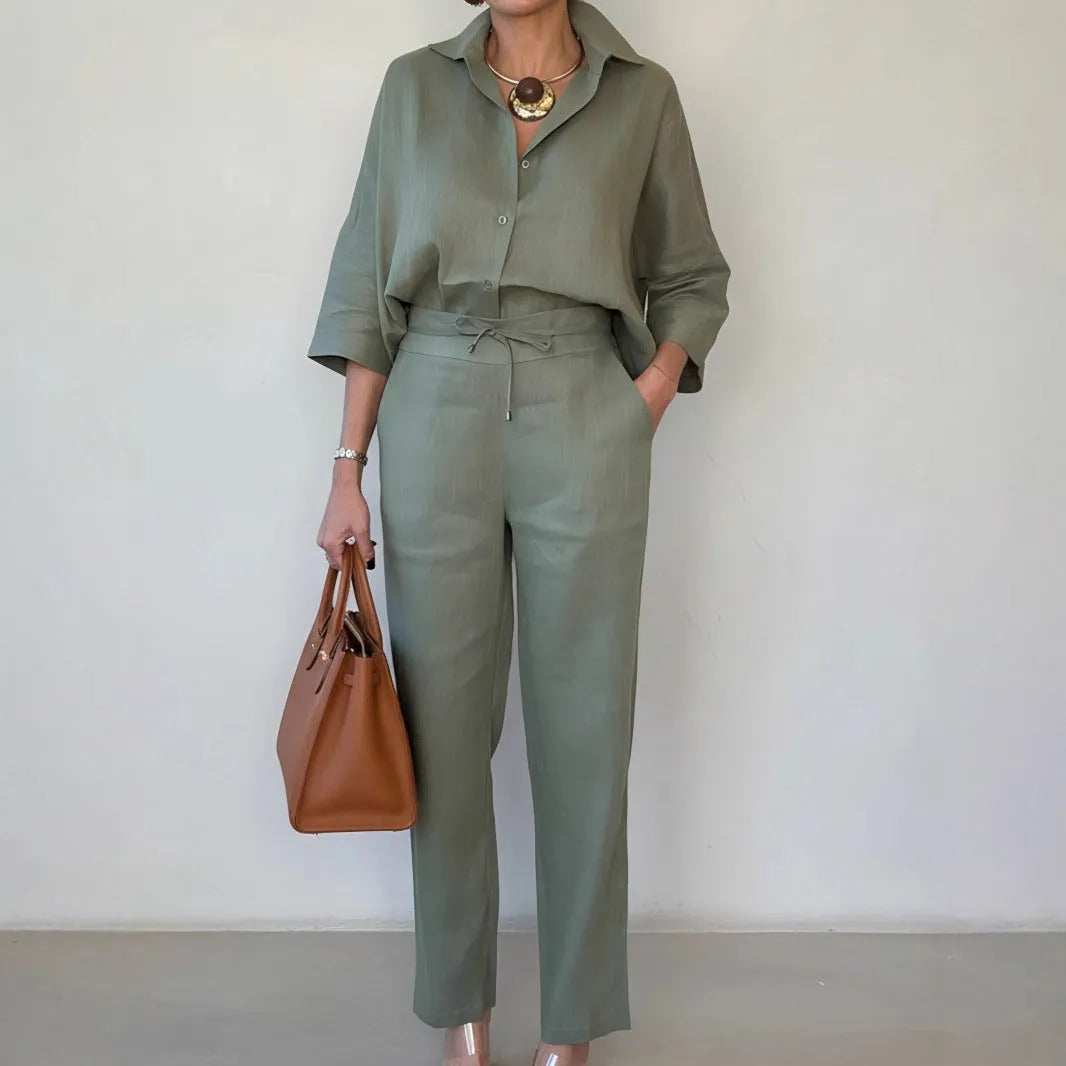 Women's solid colour polo collar two-piece shirt and pants set in army green, nine-quarter sleeves, stitching detail