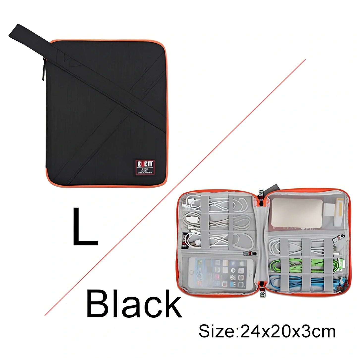 BUBM double-layer XL travel cable organizer in black, with compartments for USB, phone, charger, iPad cables, 25cm x 15cm x 10cm