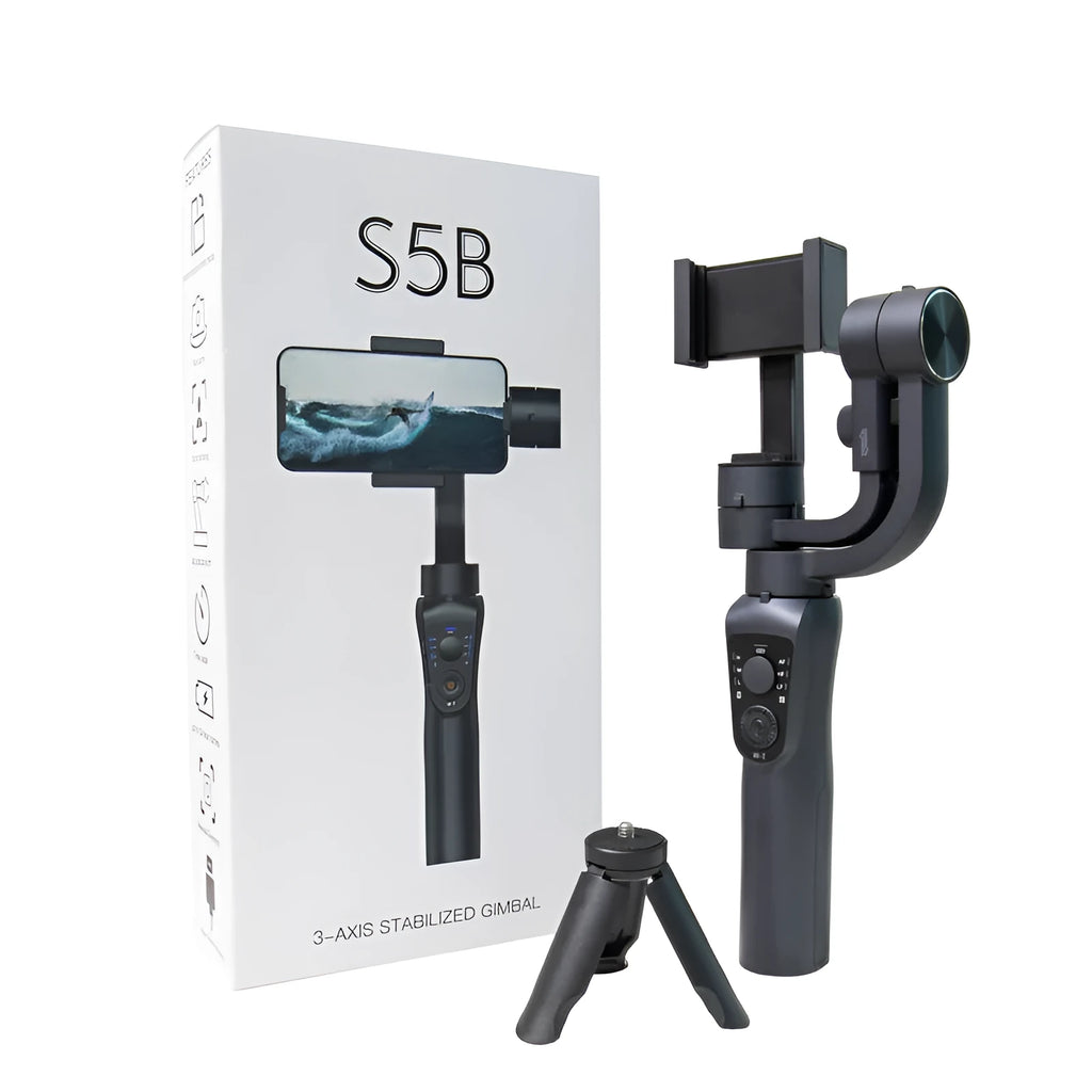 Black three-axis handheld gimbal stabilizer for mobile phones showing dimensions and construction