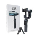 Black three-axis handheld gimbal stabilizer for mobile phones showing dimensions and construction