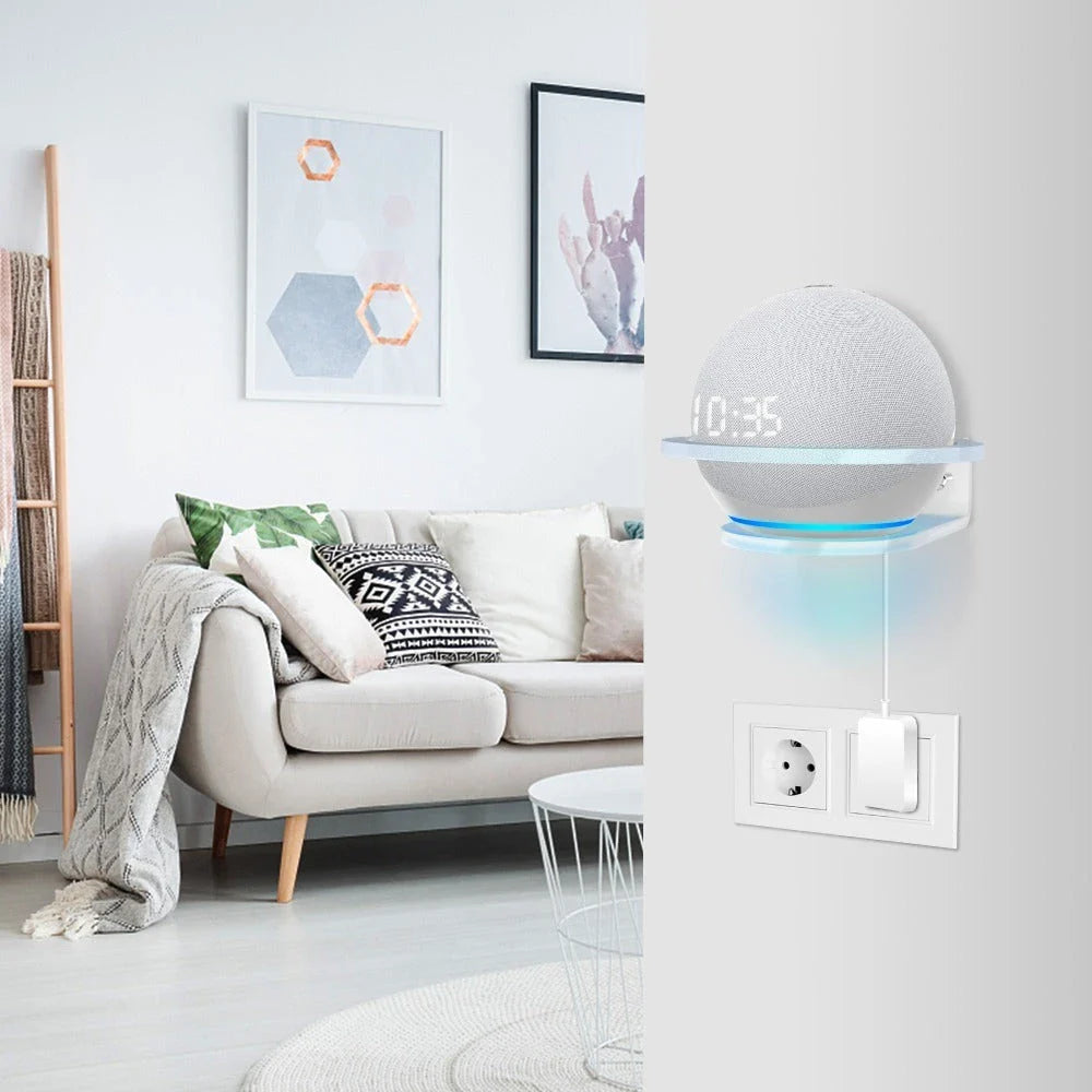 Echo Dot 4 wall mount in white color, with a minimalist, modern design that neatly holds the smart speaker and hides cords