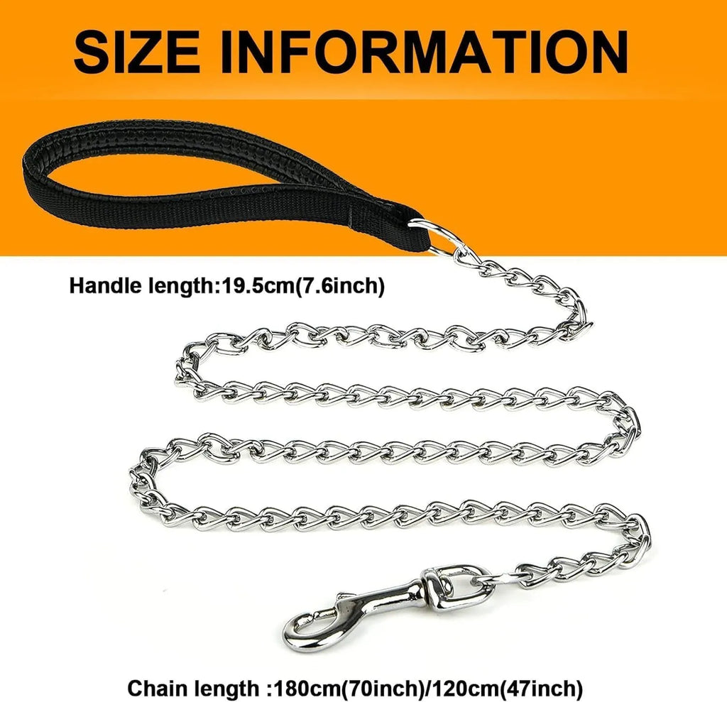Heavy duty metal dog leash with a soft black padded handle and a silver chain, shown alongside blue and red colour options.