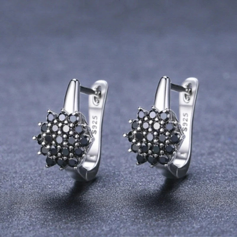 Korean-style vintage black zircon flower stud earrings in copper