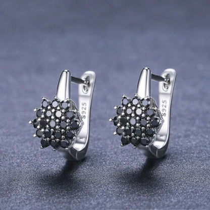 Korean-style vintage black zircon flower stud earrings in copper