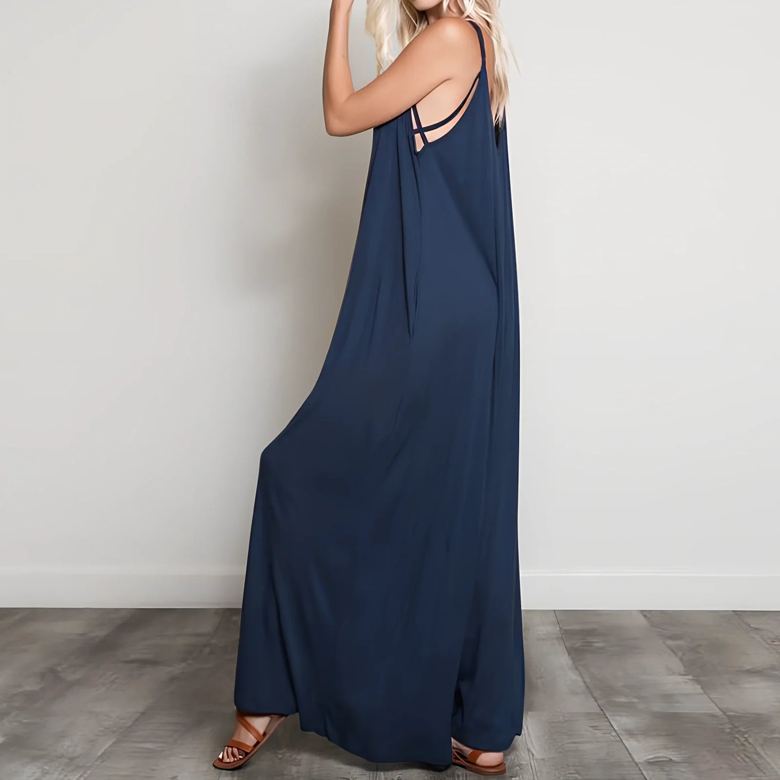 Women's black V-neck long jumpsuit with wide legs, loose fit up to 5XL, 160cm length for summer casual wear