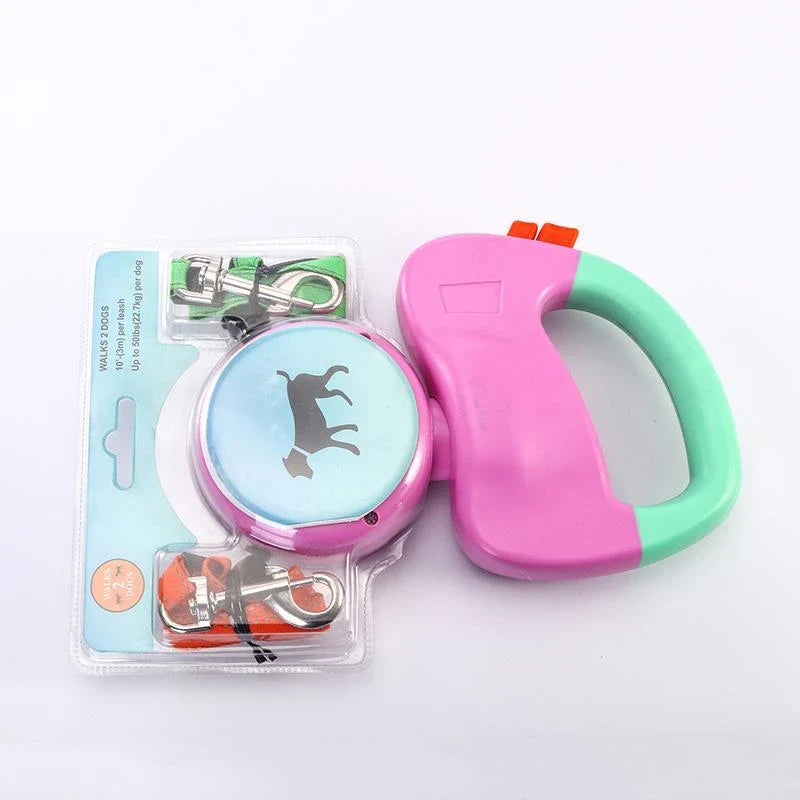 Retractable dual pet dog walking leash with automatic retraction and 3m nylon rope