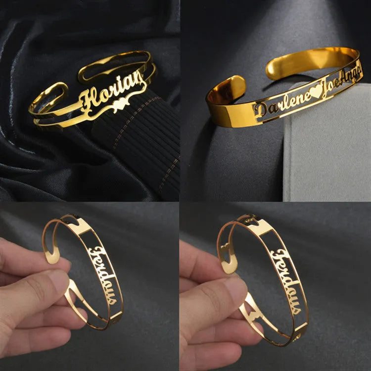 Custom name bracelet in stainless steel, silver finish, medium width, personalised engraving