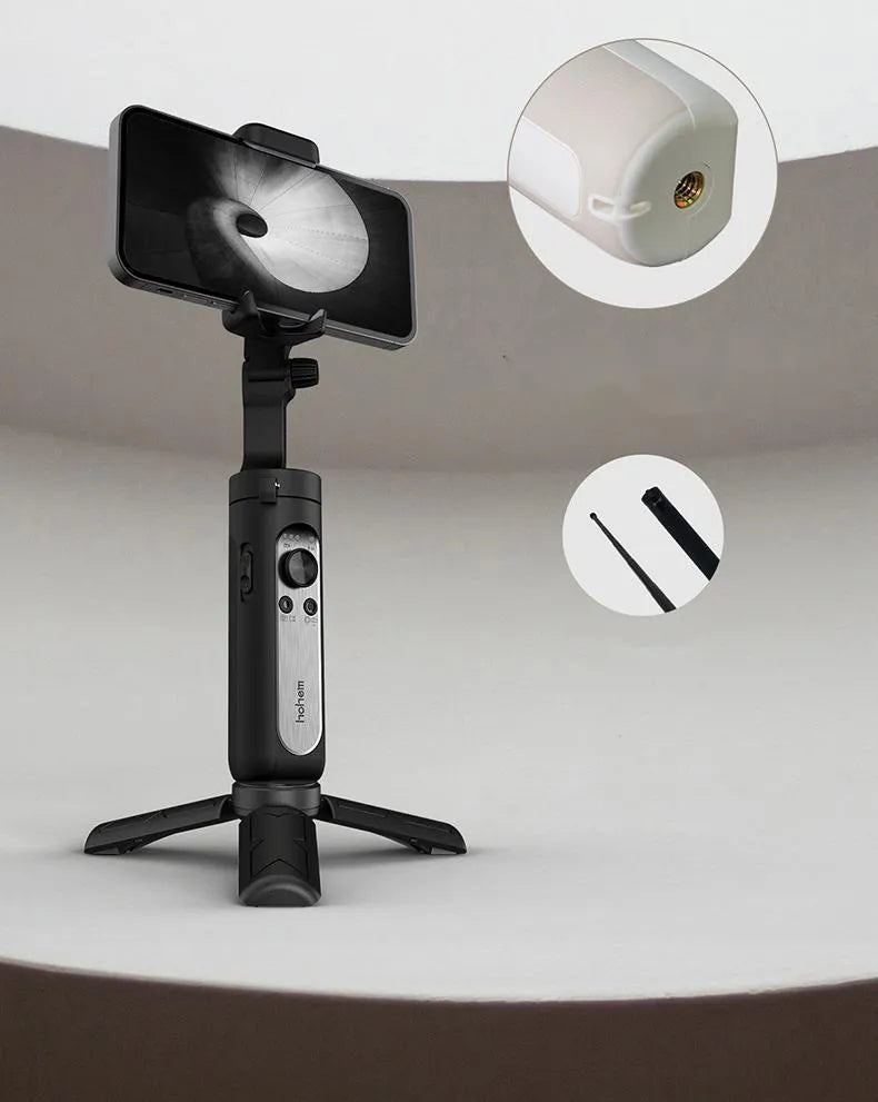 Black 3-axis smartphone stabilizer gimbal with tripod stand folded to 179mm