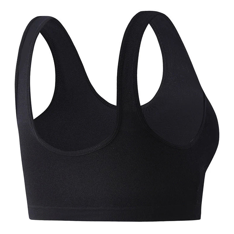 Front zipper sports bra in black with shockproof support and beauty back design