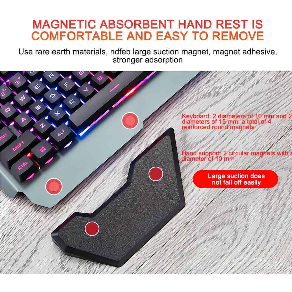 Black wired gaming keyboard with RGB backlight, phone holder, and magnetic wrist rest on desk