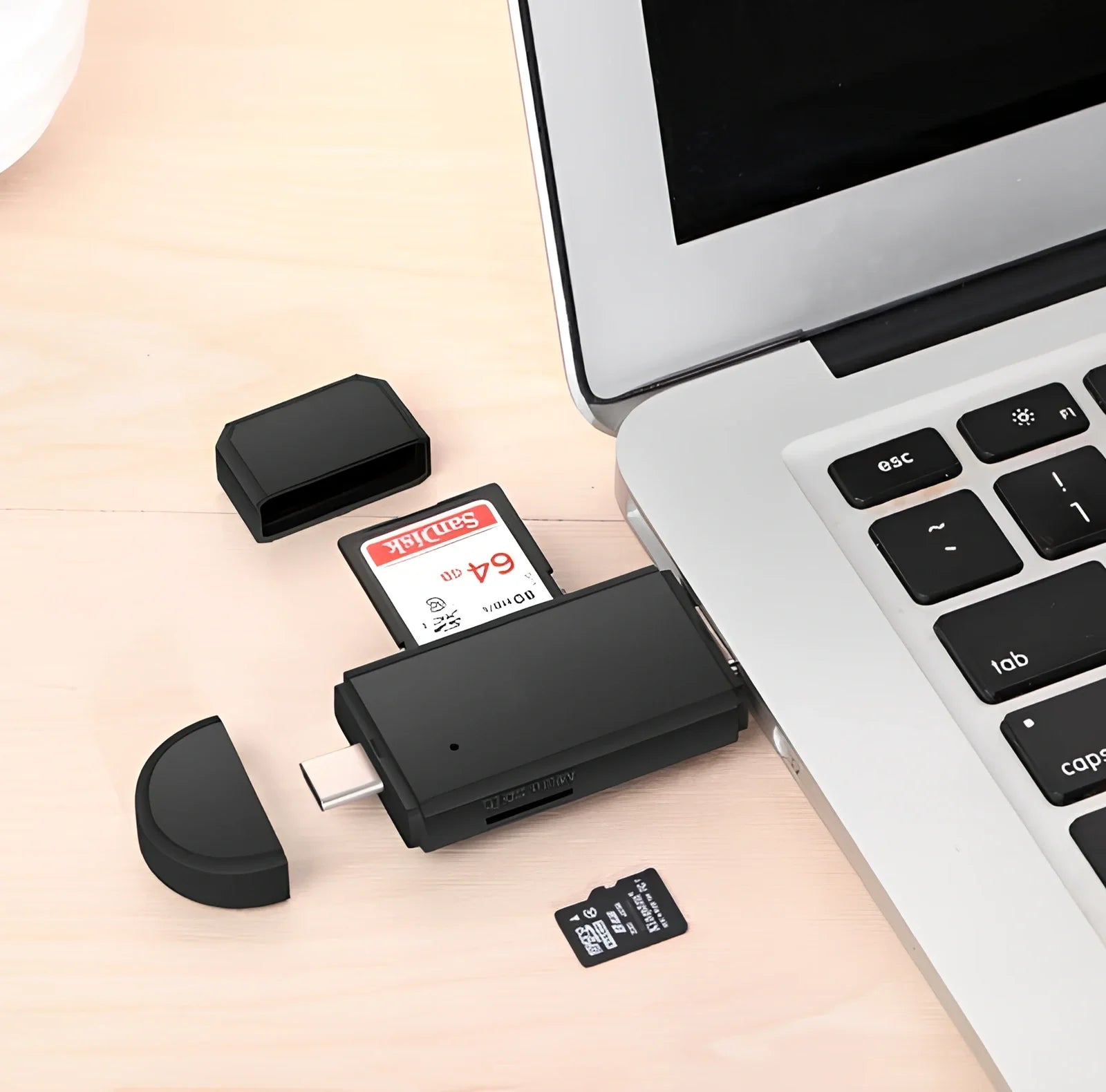 Black three-in-one card reader with Micro USB and USB connectors for Android devices