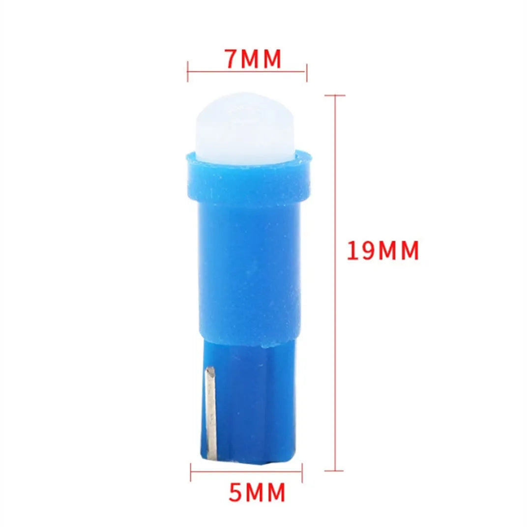 T5 wedge base LED car instrument bulb with plastic housing showing colour options.