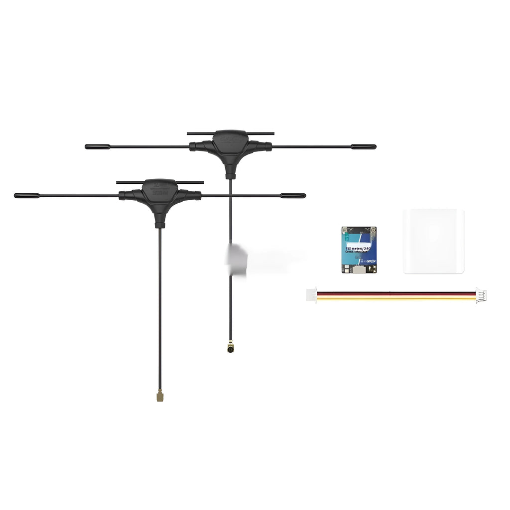 ELRS 915MHz and 2.4GHz dual-frequency FPV receiver unit with two T-shaped antennas and silicone connecting wire.