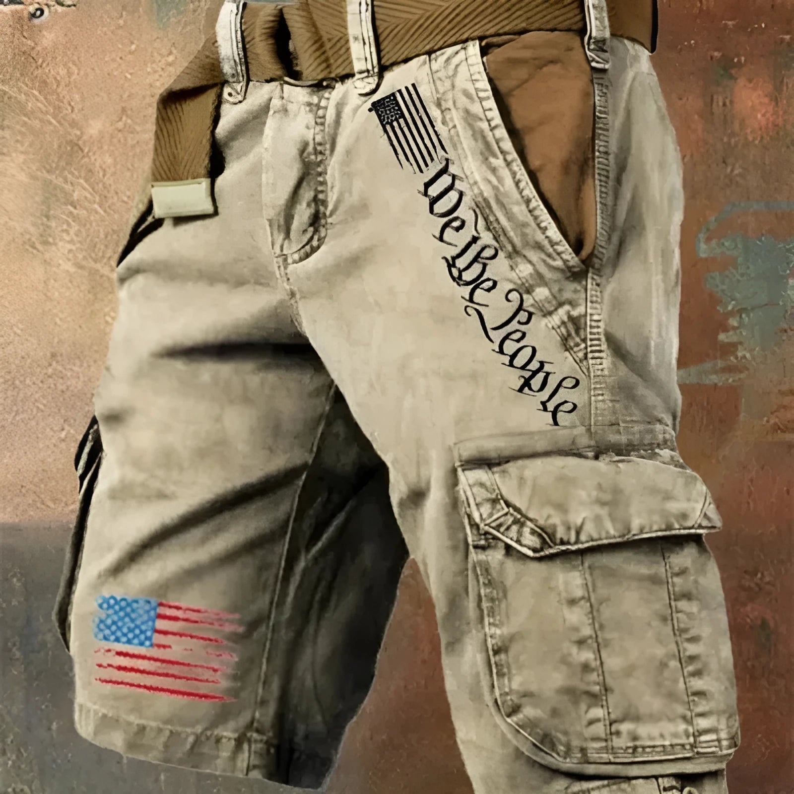 Man wearing khaki loose-fit multi-pocket fifth pants made from thin polyester denim fabric.
