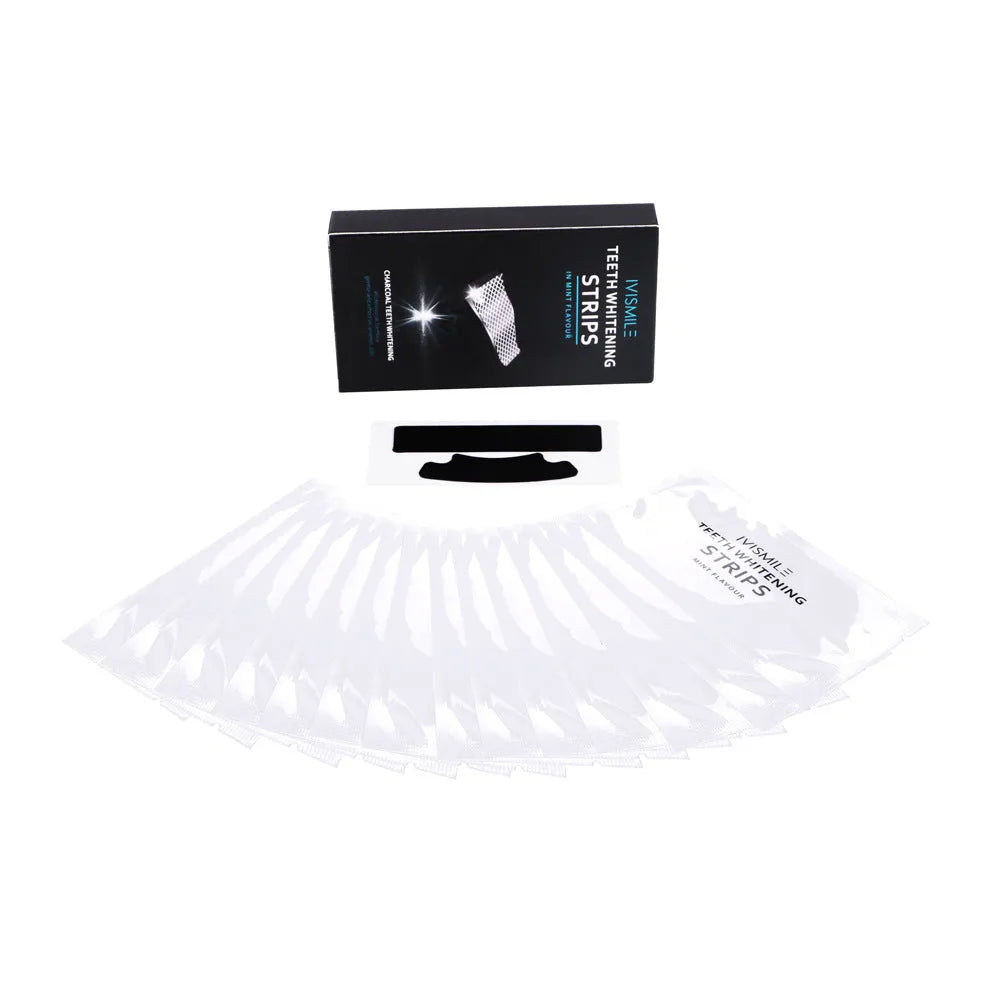 Teeth whitening strips in aluminium film packet with coconut activated carbon and sodium bicarbonate