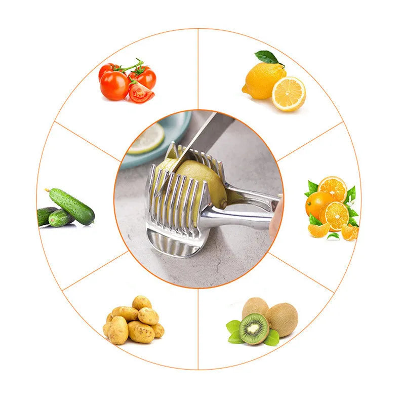 Silver foldable lemon slicer kitchen tool with stainless steel cutting blades