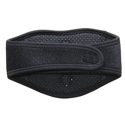 Black self-heating magnetic neck guard with adjustable shoulder strap shown laid flat.
