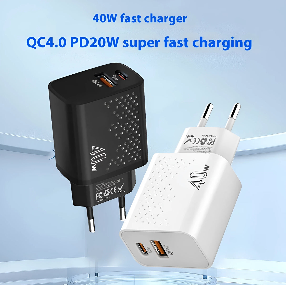 White dual-port USB wall charger with European standard plug and black variant with American plug