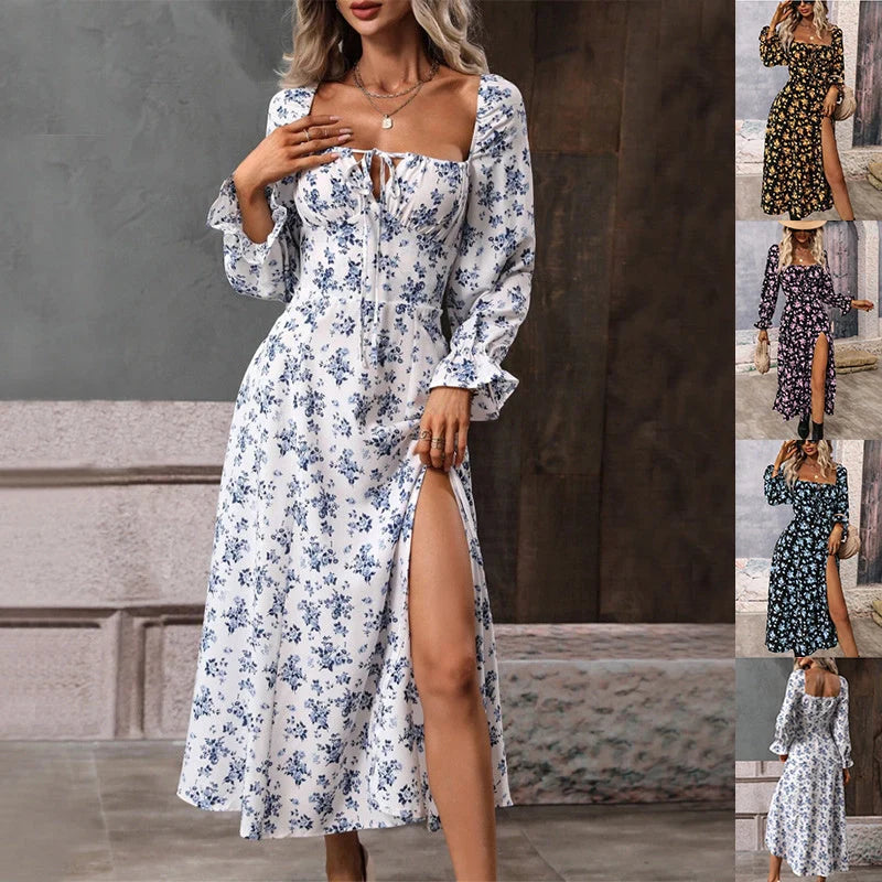 Floral print long sleeve dress with square neck and bottom slit in various colors
