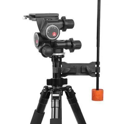 Black ABS plastic umbrella clip attached to a camera tripod shaft holding a compact umbrella.
