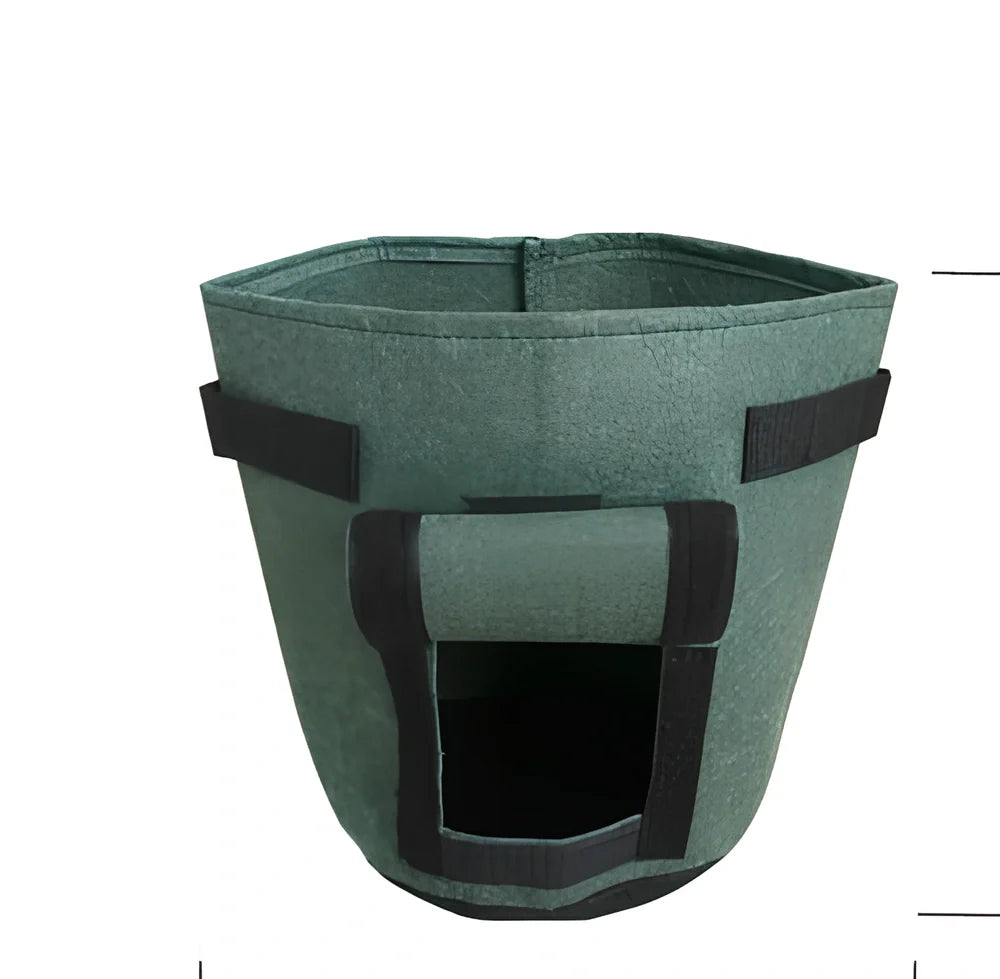 Black breathable non-woven plant growth bag with side window and double handles for potato cultivation