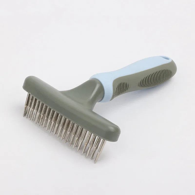 Pet double row comb brush in blue plastic on white background