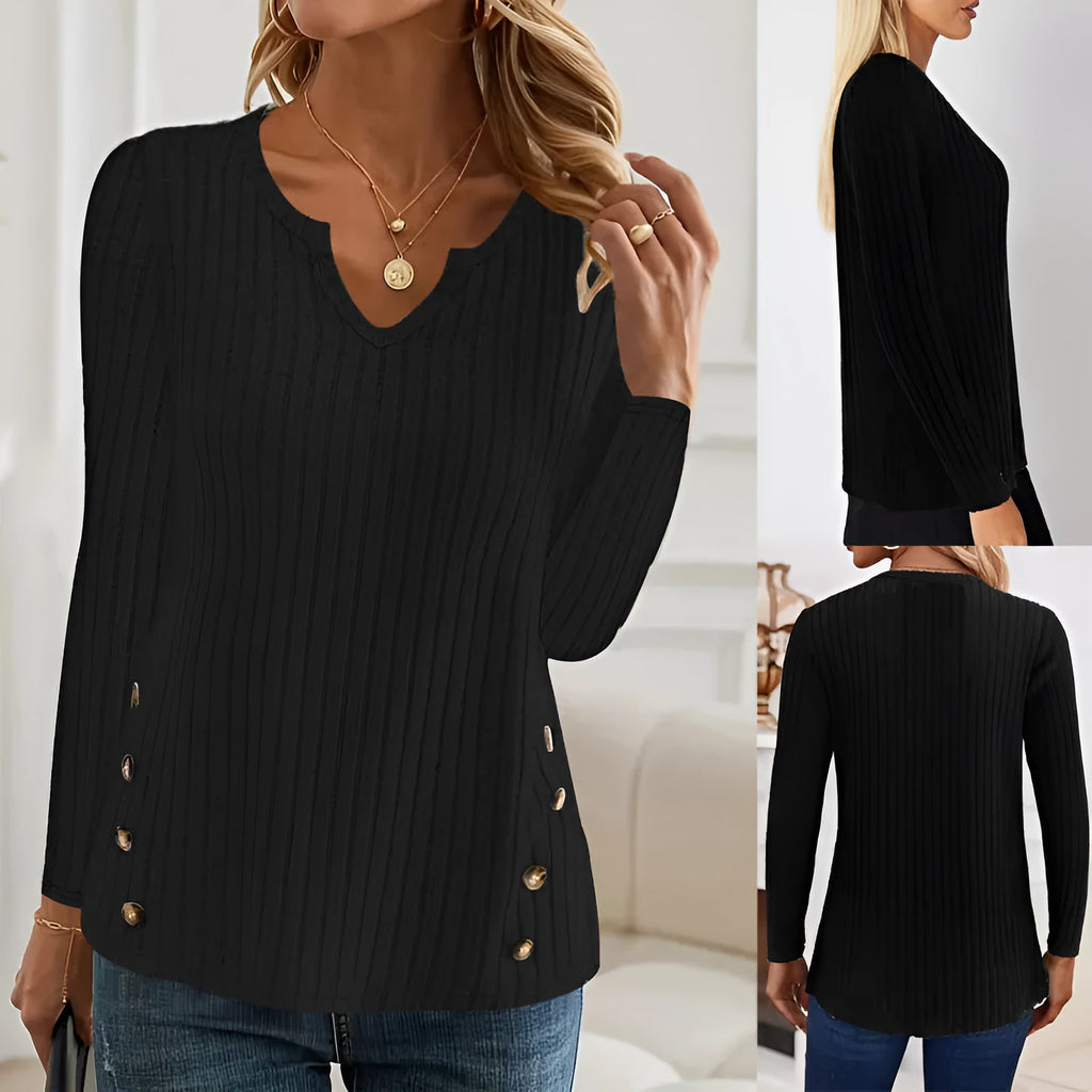 A simple solid-colour knitted button sweater in grey green, shown on a hanger.