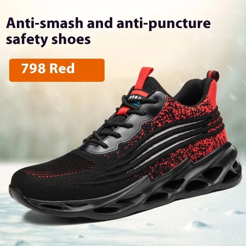 Lightweight brown leather steel toe cap safety work boots on a worksite background.