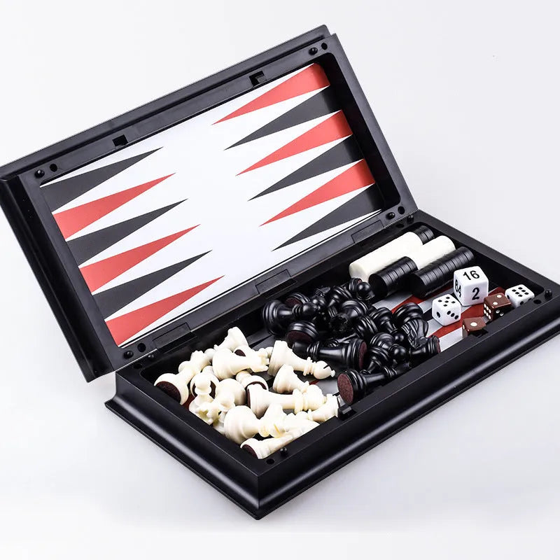 Three-in-one magnetic chess checkers backgammon board game set with plastic board and ABS pieces