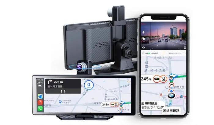 360° panoramic dash cam touchscreen mounted on car centre console with front and rear recording view