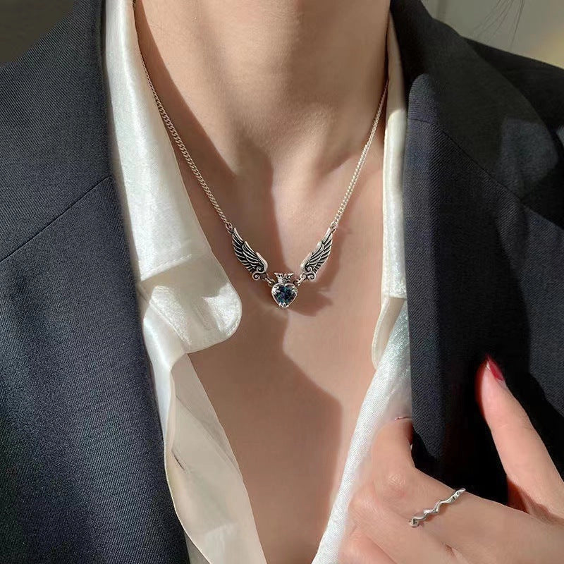 Vintage Gothic Heart Crown Angel Wings Pendant Necklace for women
